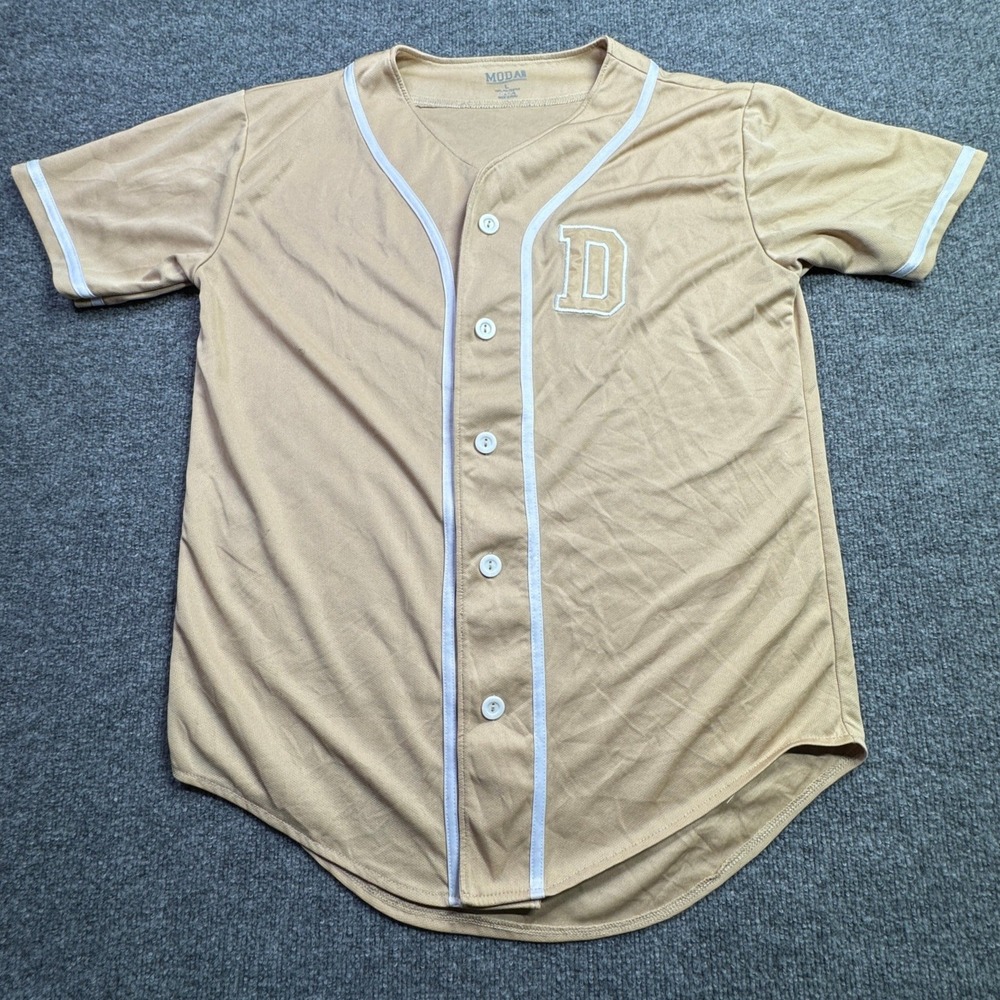 Modal Baseball Jersey Mens Large Tan White Trim Button Up Short Sleeve